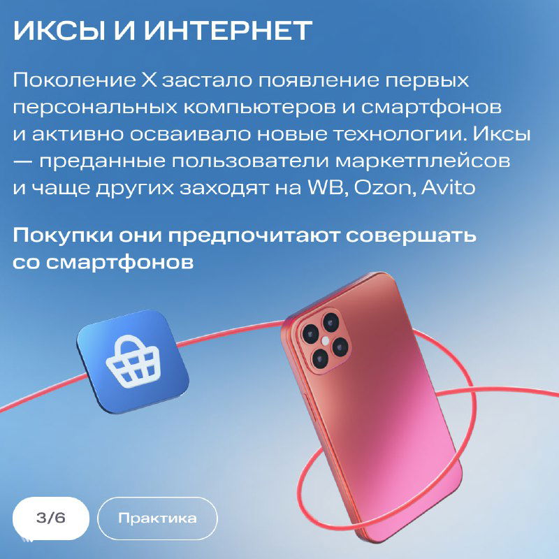 Карточка о поведении иксов в интернете: появление персональных компьютеров и смартфонов, предпочтение маркетплейсов и покупки со смартфона.