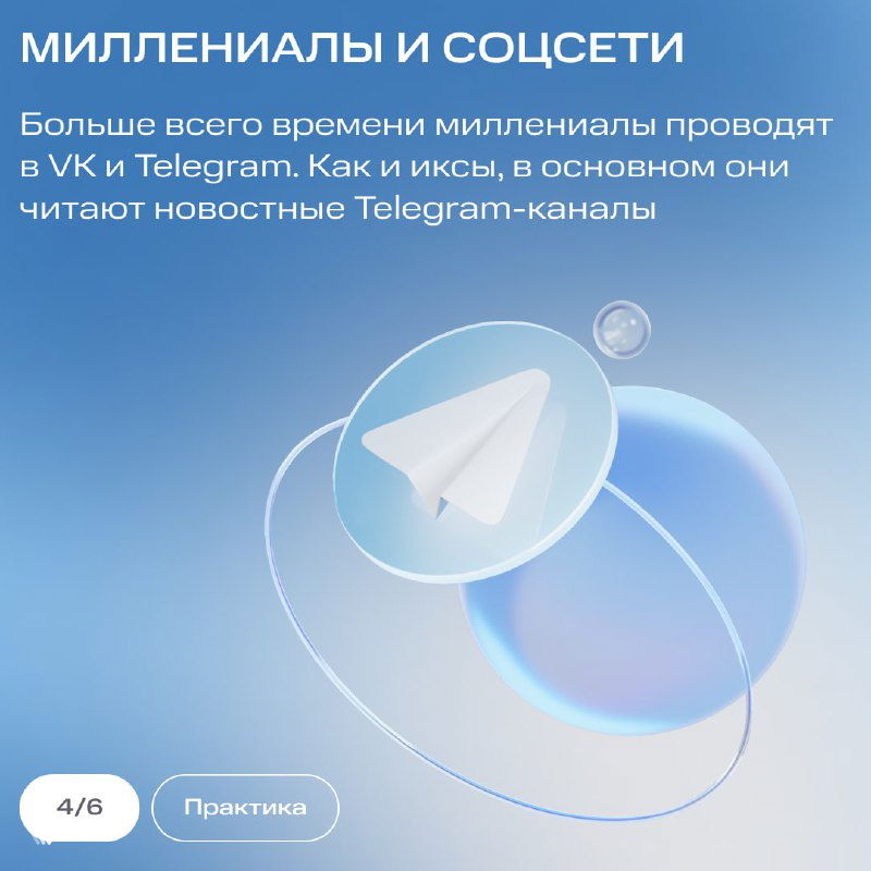 Слайд «Миллениалы и соцсети»: указано, что миллениалы проводят много времени в VK и Telegram, иллюстрация бумажного самолётика и поясняющий текст.
