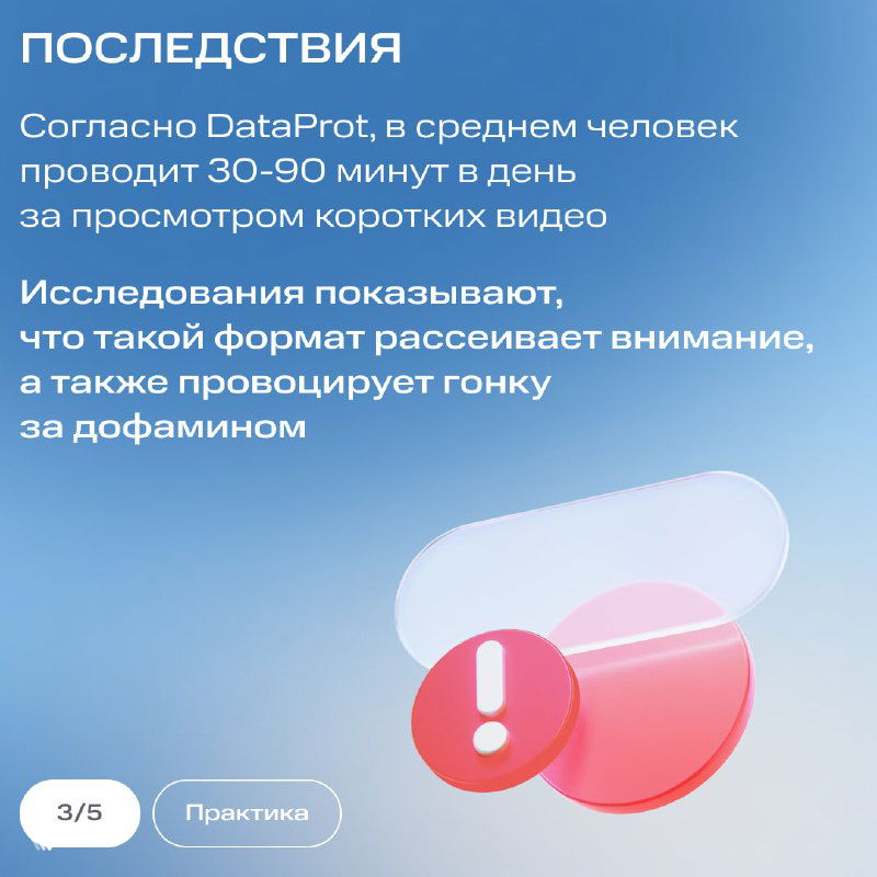 Слайд «Последствия»: инфографика и текст про исследования DataProt, указывающие 30–90 минут в день на просмотр коротких видео и эффекты на внимание.