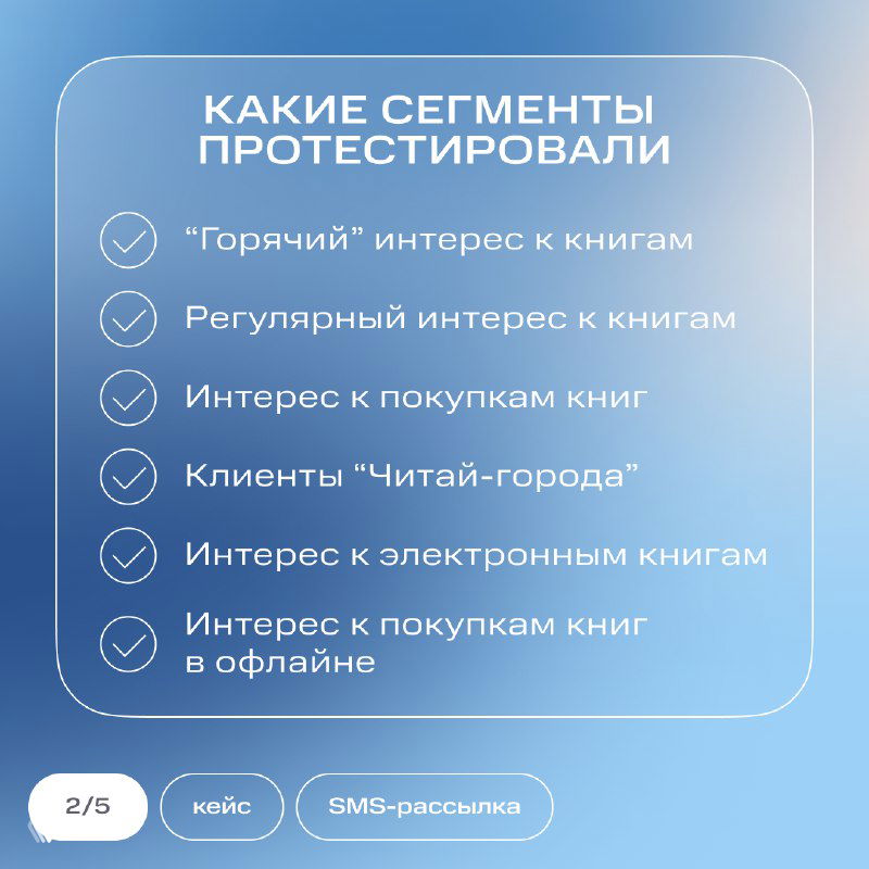 Слайд с перечнем протестированных сегментов: интерес к книгам, регулярные покупатели, клиенты «Читай‑города» и интерес к электронным книгам на синем фоне.