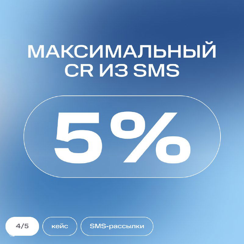 Слайд с крупным текстом «Максимальный CR из SMS 5%» на синем фоне — визуализация максимальной конверсии из рассылки в покупку.