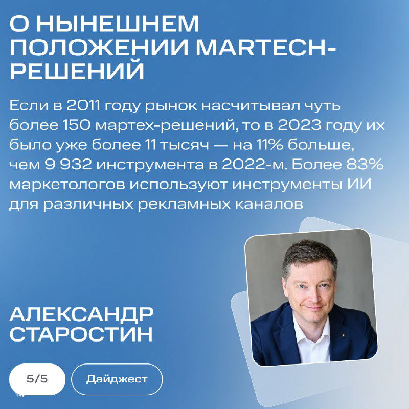Карточка о положении martech‑решений: портрет Александра Старостина, текст о росте числа инструментов ИИ в маркетинге на голубом фоне.