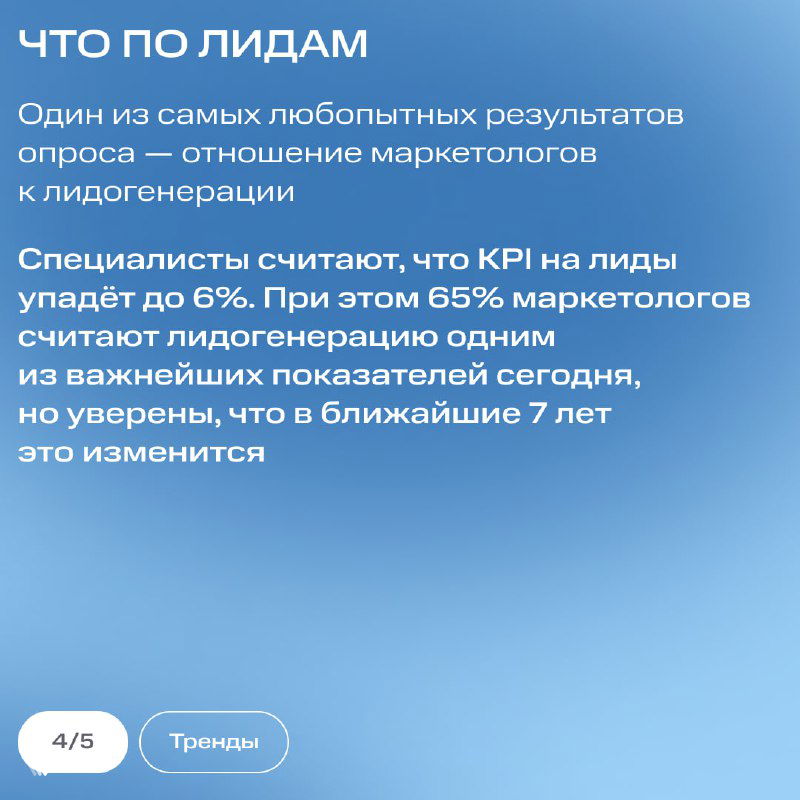 Слайд о лидах: данные опроса Marketo о том, как маркетологи оценивают KPI на лидогенерацию и ожидаемые изменения показателей в будущем.