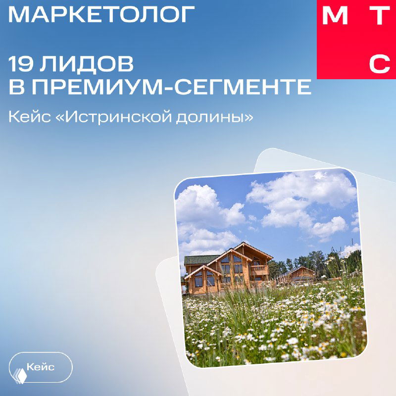 Слайд кейса МТС Маркетолог: загородный дом на фоне луга с цветами и крупный заголовок о 19 лидах в премиум‑сегменте на синем фоне.