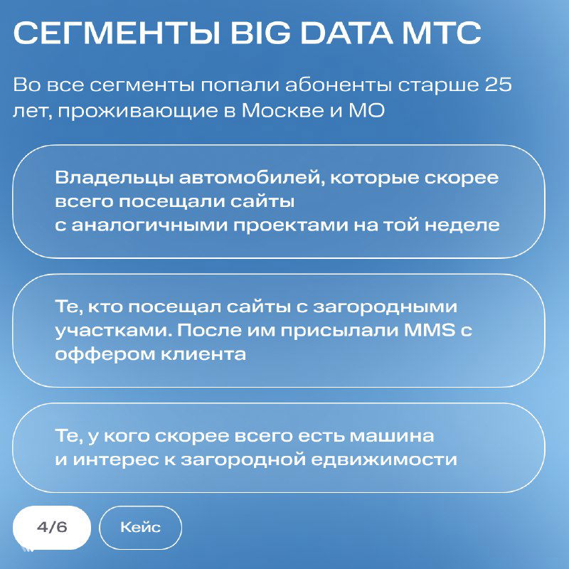 Слайд с сегментами Big Data МТС: описание целевых аудиторий — абоненты старше 25 лет в Москве и МО, владелцы автомобилей и интересующиеся загородной недвижимостью.
