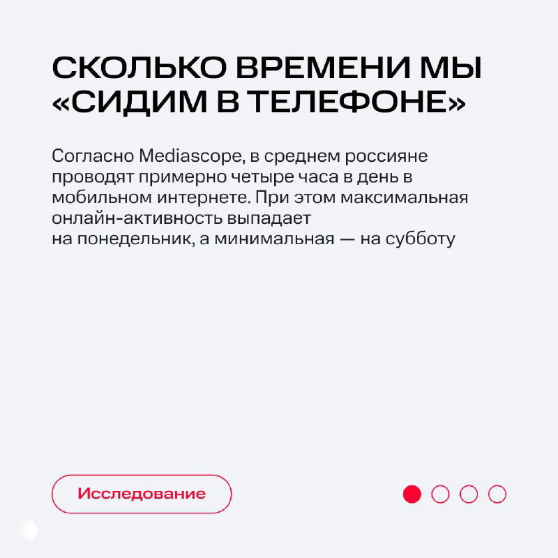 Слайд с заголовком «СКОЛЬКО ВРЕМЕНИ МЫ «СИДИМ В ТЕЛЕФОНЕ»» и блоком текста о среднем времени мобильного использования россиянами по дням.