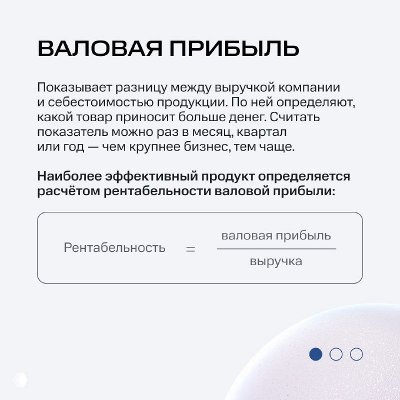 Слайд про валовую прибыль: текстовое объяснение разницы между выручкой и себестоимостью продукции, макет карточки с формулой и пояснениями.