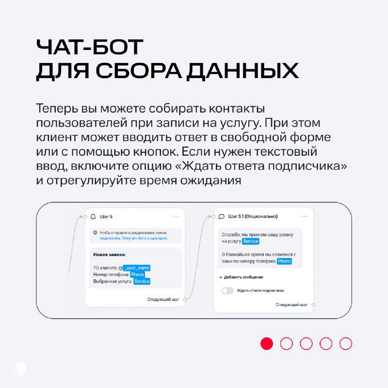 Слайд «Чат‑бот для сбора данных»: макеты диалогов, примеры ввода ответов в свободной форме и кнопок, пояснения по ожиданию ответа подписчика