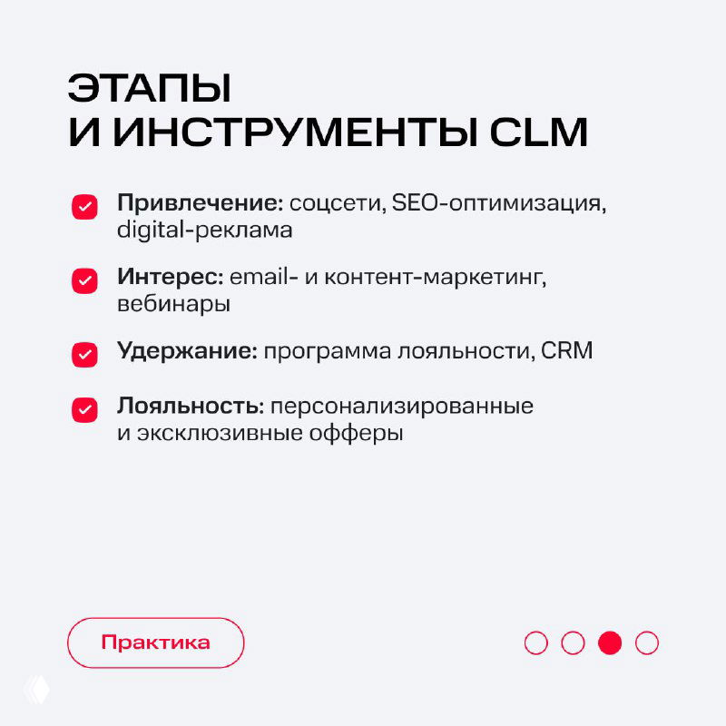 Слайд «Этапы и инструменты CLM»: перечислены инструменты — соцсети, SEO, email, программы лояльности, персонализация — с иконками и краткими пометками.