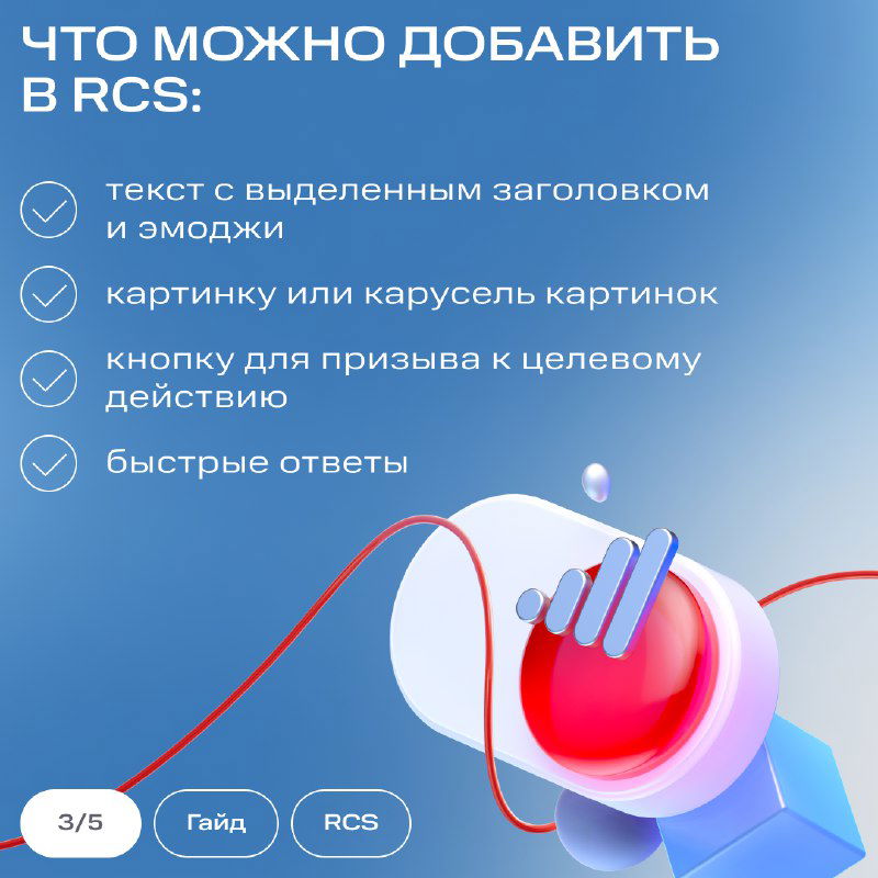 Слайд с перечнем возможностей RCS: текст с заголовком, эмодзи, картинки или карусель, кнопки призыва к действию и быстрые ответы — фирменный стиль