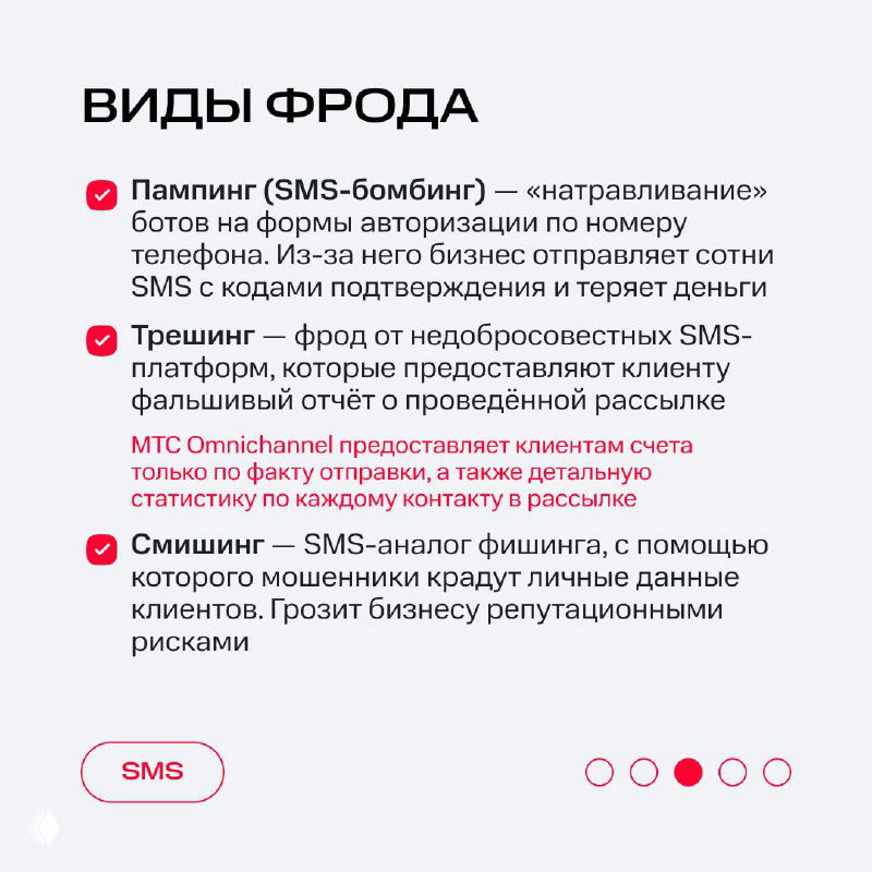 Слайд «Виды фрода» с описанием сим‑бомбинга, трэшинга и смишинга — типов мошеннических SMS и их последствий для бизнеса и клиентов.