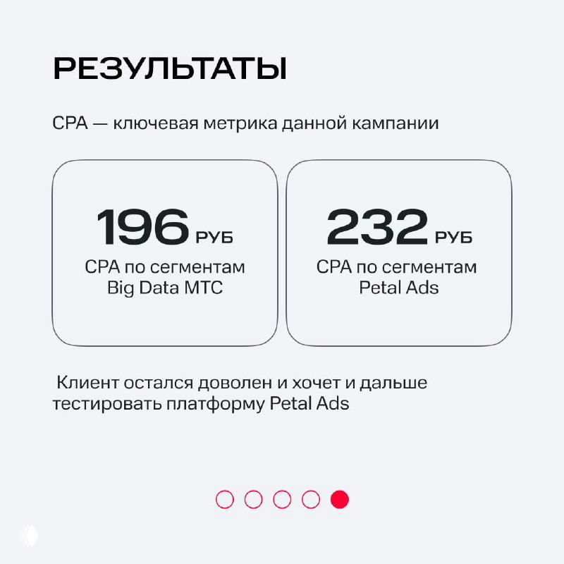 Слайд с результатами кампании: CPA в рублях по сегментам Big Data МТС и Petal Ads, краткий итог удовлетворённости клиента.