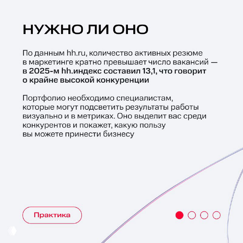 Слайд «Нужно ли оно»: текст и статистика (hh.ru) о количестве активных резюме и высококонкурентном рынке, объяснение пользы портфолио для специалистов