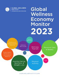Обложка отчёта Global Wellness Economy Monitor 2023: синий фон и цветные круги, показывающие ключевые сегменты индустрии велнесс.
