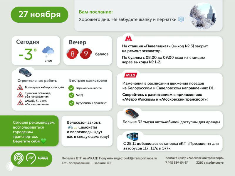 Инфографика с ежедневной сводкой московского транспорта: погода, расписания, предупреждения и блоки информации в схематичном оформлении