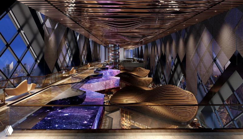 Футуристичный интерьер лобби с декоративными подсветками, сложным потолком и арт-элементами — пример дизайнерского решения для Siro.