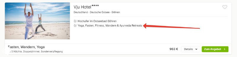 Скриншот карточки отеля в онлайн‑агрегаторе: миниатюры с активностями и текст с упоминанием йоги, ретритов восстановления во втором ряду описания.