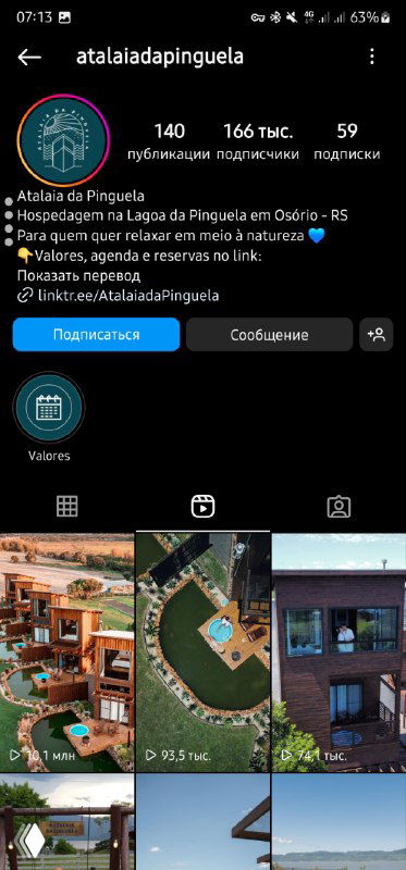 Скрин профиля аккаунта отеля в Instagram: обложка профиля, количество публикаций и подписчиков на странице загородного отеля.