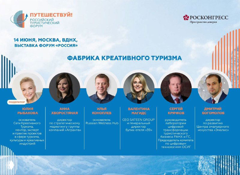 Афиша «Фабрика креативного туризма»: баннер с портретами спикеров, логотипом форума «Путешествуй» и данными о дате, времени и месте встречи на ВДНХ.