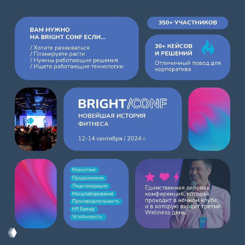 Коллаж-промопостер Bright Conf с яркими блоками текста о конференции Bright Business, числом участников, кейсами и деловой аудиторией.
