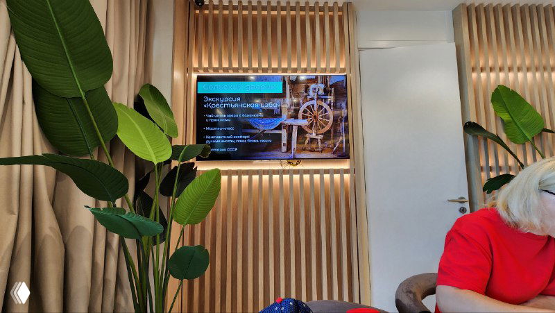 Телевизор в ресторане отеля Доброград, демонстрирует рекламные ролики и инфографику об услугах; вокруг видны растения и посетитель.