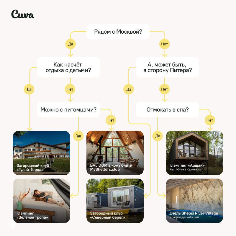 Инфографика агрегатора CUVA: ветвящаяся схема «Да-нет» с миниатюрами вариантов отелей, номеров и сервисов — пример визуализации для контент-маркетинга.