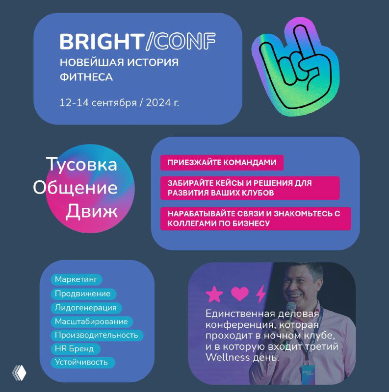 Плакат Bright Conf: яркий афишный макет с логотипом и фото спикера, где указаны даты 12–14 сентября и упоминание Wellness‑дня в Екатеринбурге