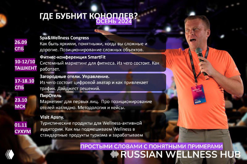 Фотография Ильи Коноплёва с микрофоном на афише; на фоне видны даты и названия конференций по wellness и маркетингу.