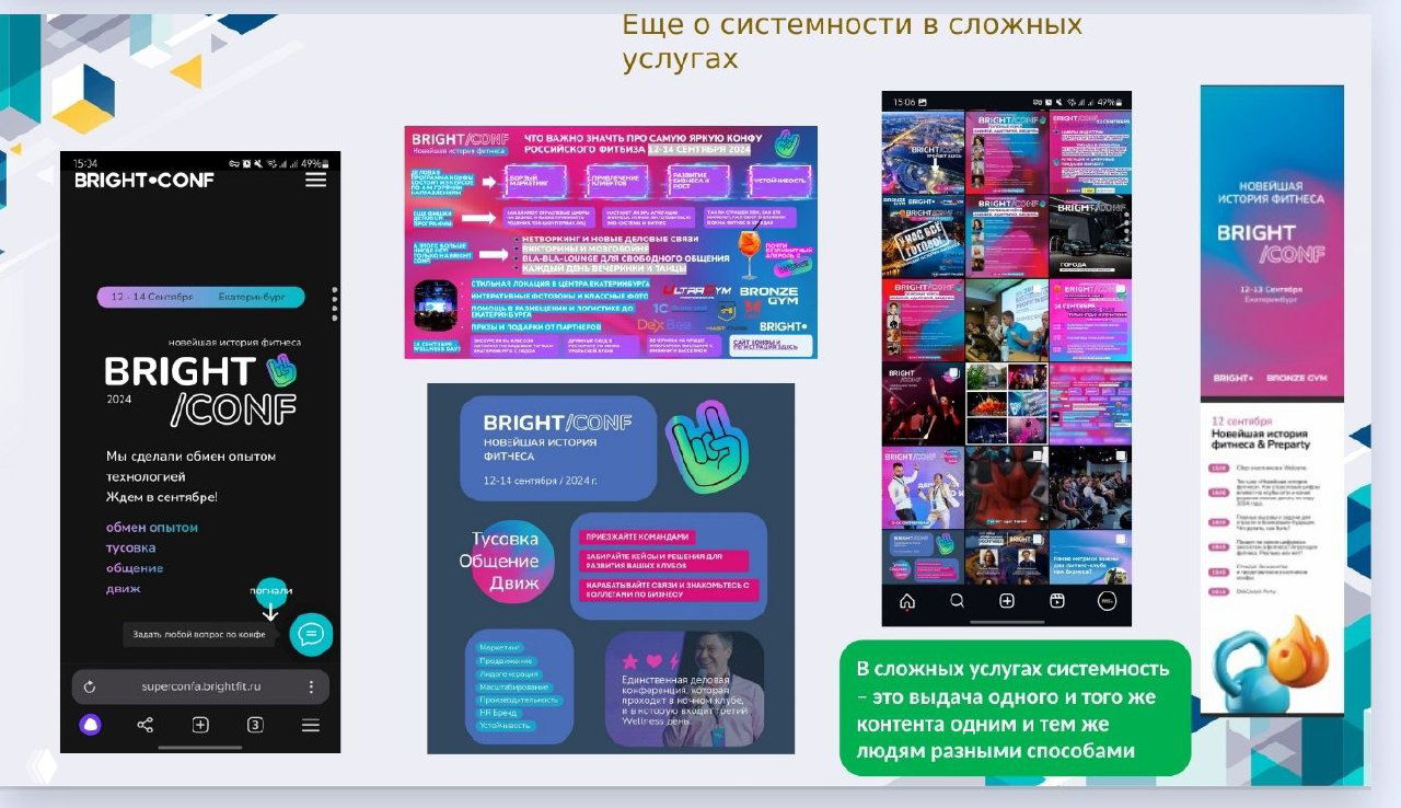 Коллаж промо-контента Bright Conf: мобильный лендинг, инфографики, сетка постов в Instagram и вертикальный буклет, показывающие разные форматы промо.