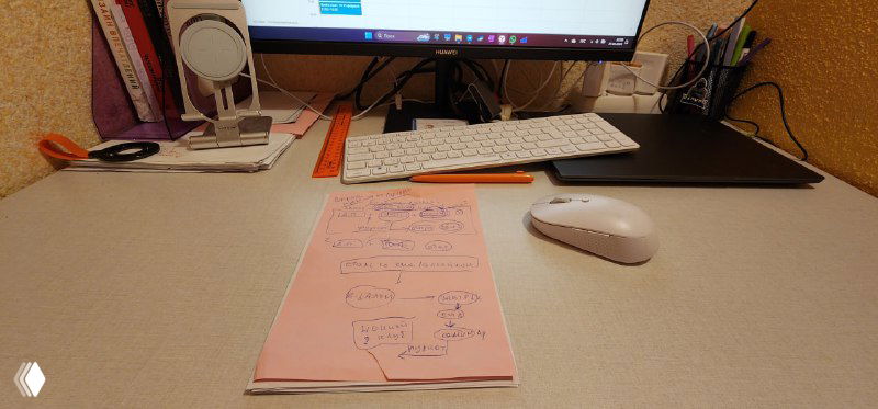 Рабочий стол маркетолога: монитор, белая мышь и розовый блокнот с наброском сценария зимнего кэмпа, вид процесса разработки продукта отдыха.