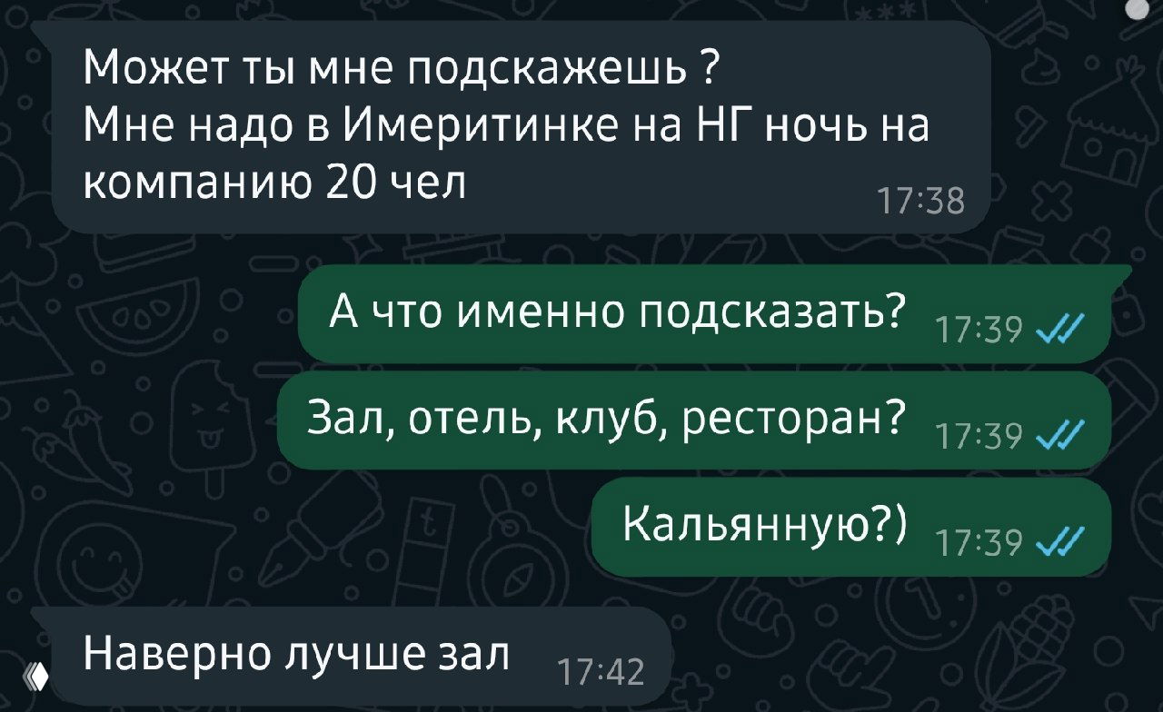 Скриншот чата: обсуждение поиска места на Новый год для компании из 20 человек в Имеретинке, показан фрагмент переписки с уточнениями.