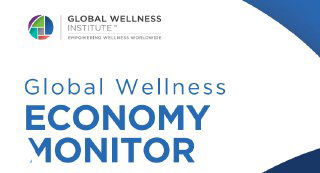 Обложка доклада Global Wellness Institute «Global Wellness Economy Monitor» с логотипом организации и стилизованным синим оформлением отчёта.