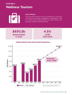 График и диаграмма по разделу Wellness Tourism: глобальный рынок $830.2b в 2023 году и прогнозируемые темпы роста, иллюстрирующие лидерство сегмента.