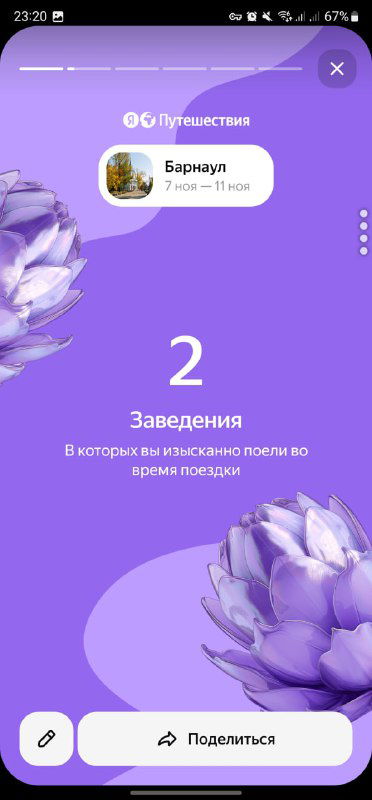Скриншот карточки с показателем «2» — количество заведений, в которых побывал пользователь; фиолетовый фон и декоративные элементы.
