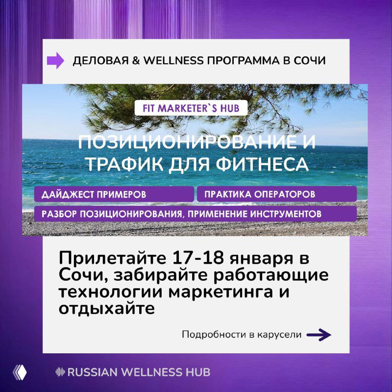 Промо-баннер зимнего мероприятия на фоне моря и пальм: приглашение в Сочи 17–18 января, маркетинг и отдых, оформление Russian Wellness Hub.