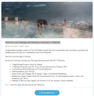 Рекламный баннер отеля Preidlhof: пара в открытом бассейне с видом на горы и город, поверх размещён текст офера и список услуг пакета.