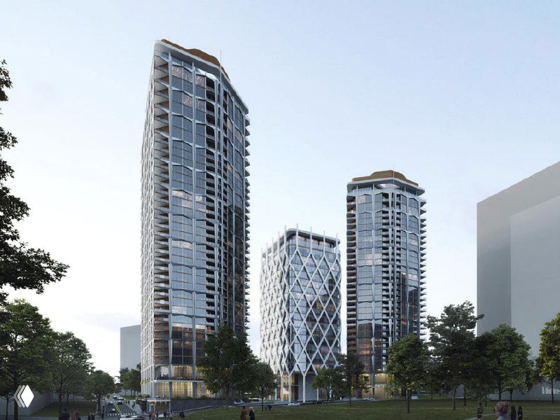 Рендер Equinox Hotels в Нэшвилле: высокие башни гостинично-жилого комплекса, зелёные зоны и городской фон.