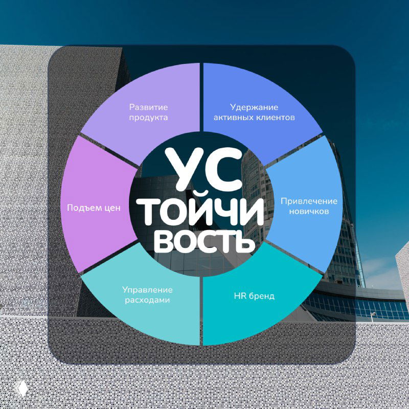 Круговая инфографика с шестью секторами треков устойчивости фитнеса и центральной надписью «Устойчивость» на фоне городского пейзажа.