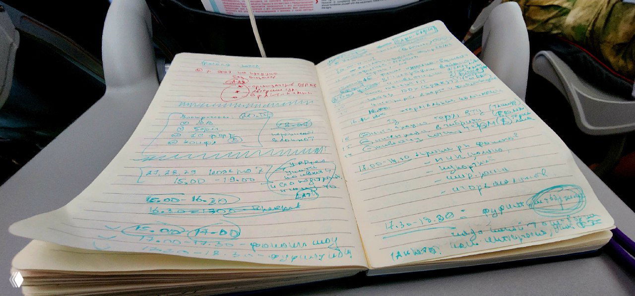 Открытый блокнот с рукописными заметками и схемами — черновой роадмап площадки для застройщиков и операторов, лежащий на откидном столике в самолёте.
