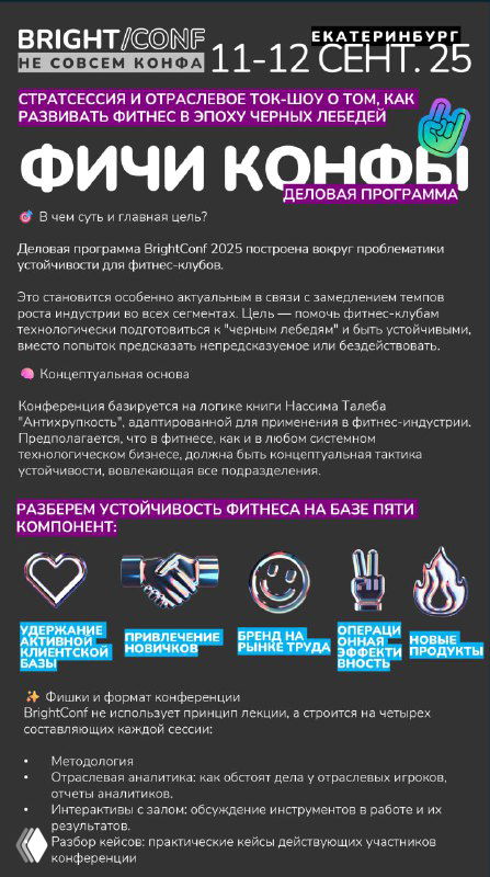 Вертикальная страница афиши Bright Conf: блоки с иконками и пунктами программы по устойчивости бизнеса и формату деловой части мероприятия.