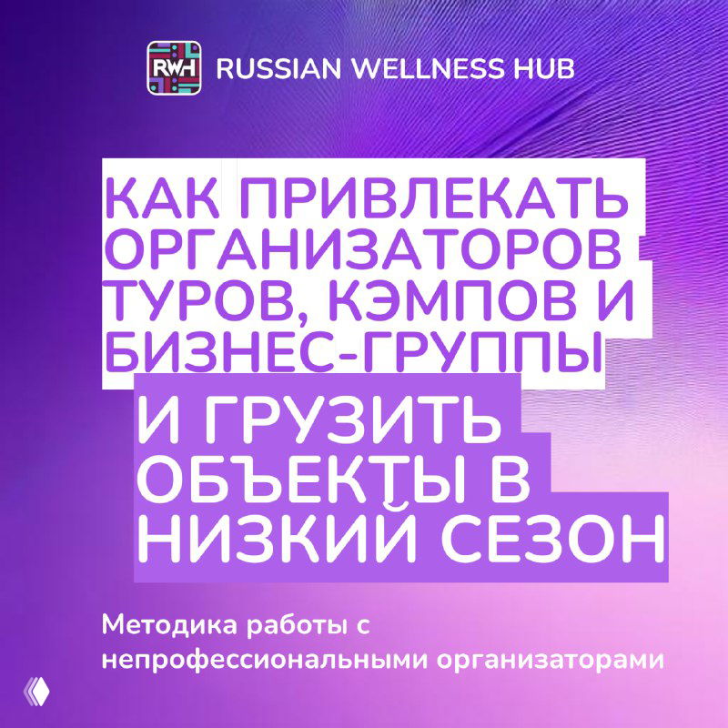 Фиолетовый промобаннер Russian Wellness Hub с заголовком о привлечении организаторов туров, кэмпов и бизнес‑групп; декоративный фон и логотип проекта.