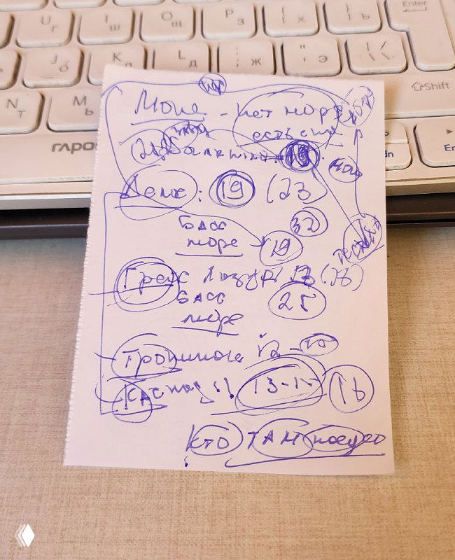 Листок с рукописными заметками и кругами, лежащий на клавиатуре; заметки о выборе отеля в Сочи, краткий чеклист.