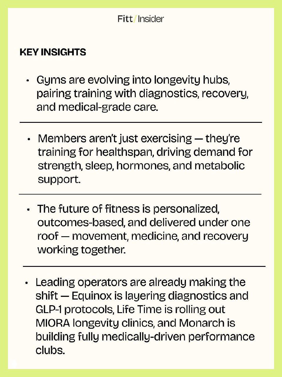 Инфографика Fitt Insider с ключевыми инсайтами: клубы как longevity-хабы, персонализация, диагностика, восстановление и медицинская поддержка.