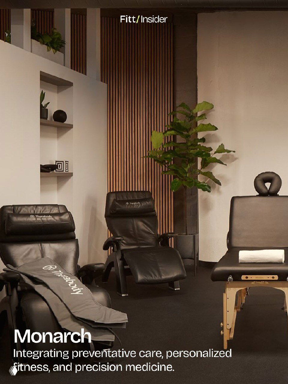 Интерьер Monarch с креслами для восстановления и премиальными зонами; визуал медикализированного performance-клуба и превентивной медицины.