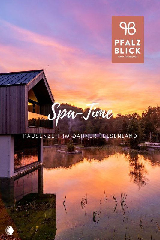 Закатный постер с домиком у озера и отражением в воде — образ «Spa-time» для продвижения пауз и релаксации в отеле.