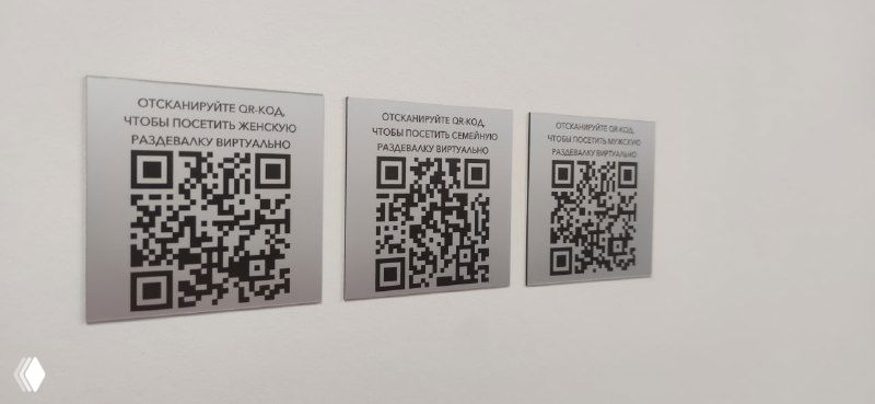 Три QR‑кода на стене около раздевалок: наклейки со ссылками на виртуальные туры — наглядный пример точки касания гостей в клубе.