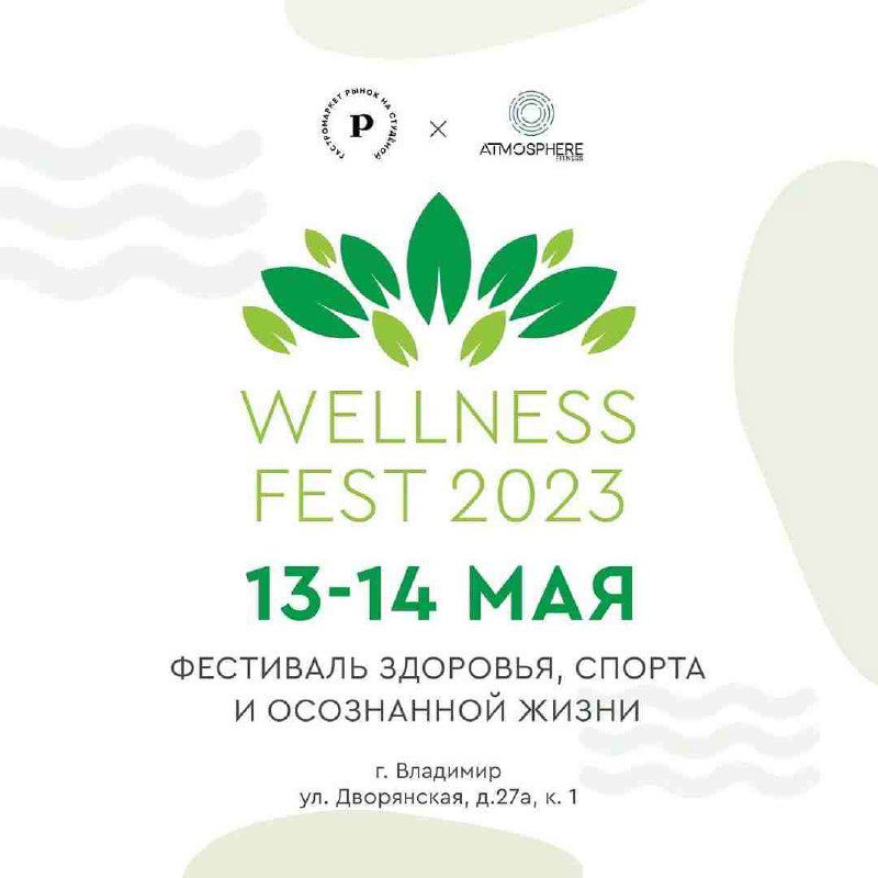Плакат Wellness Fest 2023: зеленая иллюстрация листьев, даты 13–14 мая и подпись «Фестиваль здоровья, спорта и осознанной жизни» для мероприятия во Владимире