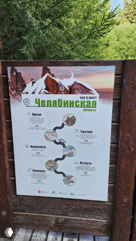 Инфографическая панель с картой троп и поясняющими иконками в деревянной раме; вокруг видны деревья парка и зелень.