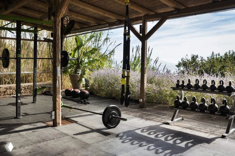 Ряд гантелей и кроссфит-оборудование на открытой площадке отеля, солнечный свет и натуральные материалы вокруг, композиция для силовых тренировок.