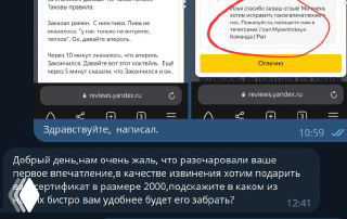 Скриншот переписки и ответа заведения на отзыв: клиент описал проблемы, в ответ предложили сертификат на 2000 рублей как извинение.